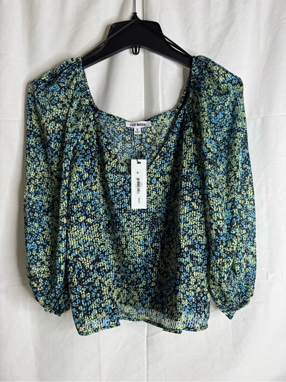 Steve Madden Blue & Green Floral Smocked-Hem Blouse